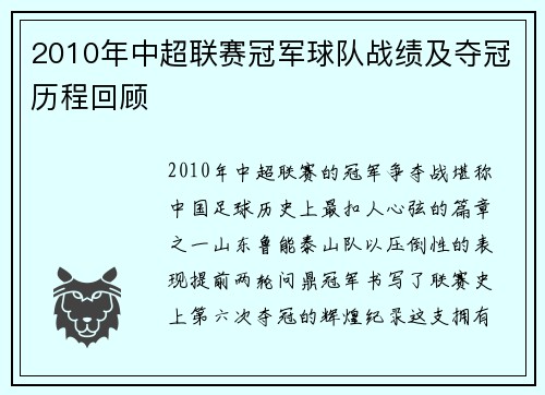 2010年中超联赛冠军球队战绩及夺冠历程回顾